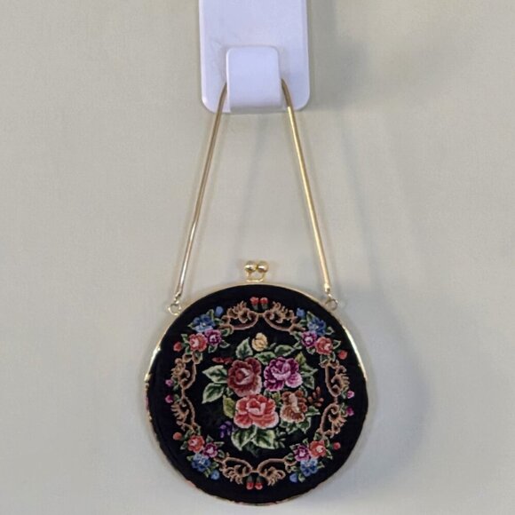 Vintage Floral Petit Point Purse Round Needlepoint Tapestry Evening Bag Clutch - Picture 2 of 16